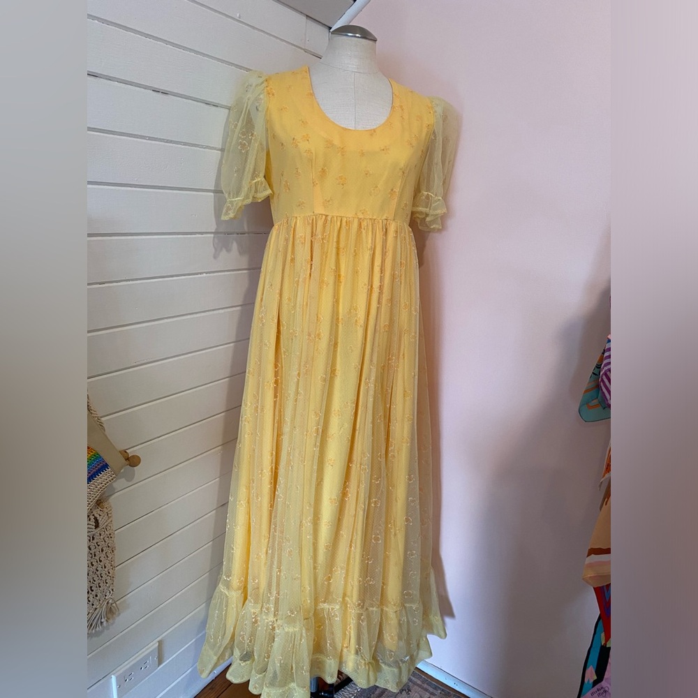 Vintage 1960s Maxi Dress with Sheer Floral Sleeves and Overlay, Handmade, Medium